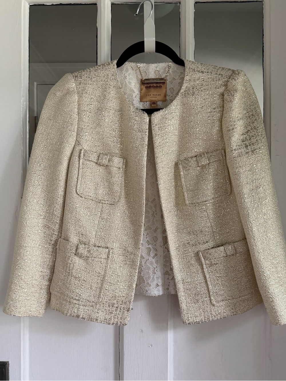 Ted Baker Cream Tweed Collarless Pocket Blazer
